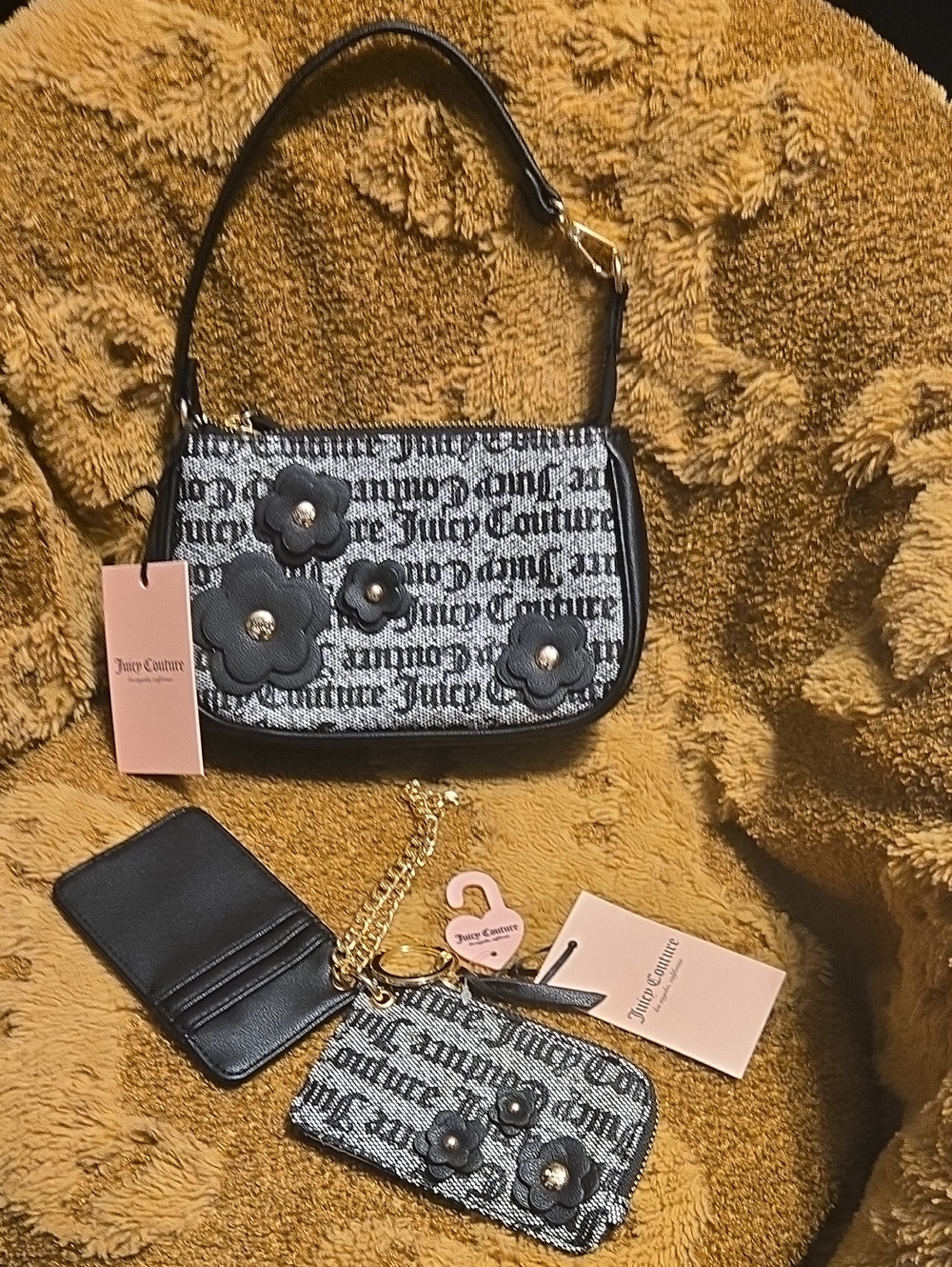 Juicy Couture Black Logo Floral Appliqué Shoulder Bag with Matching Wallet